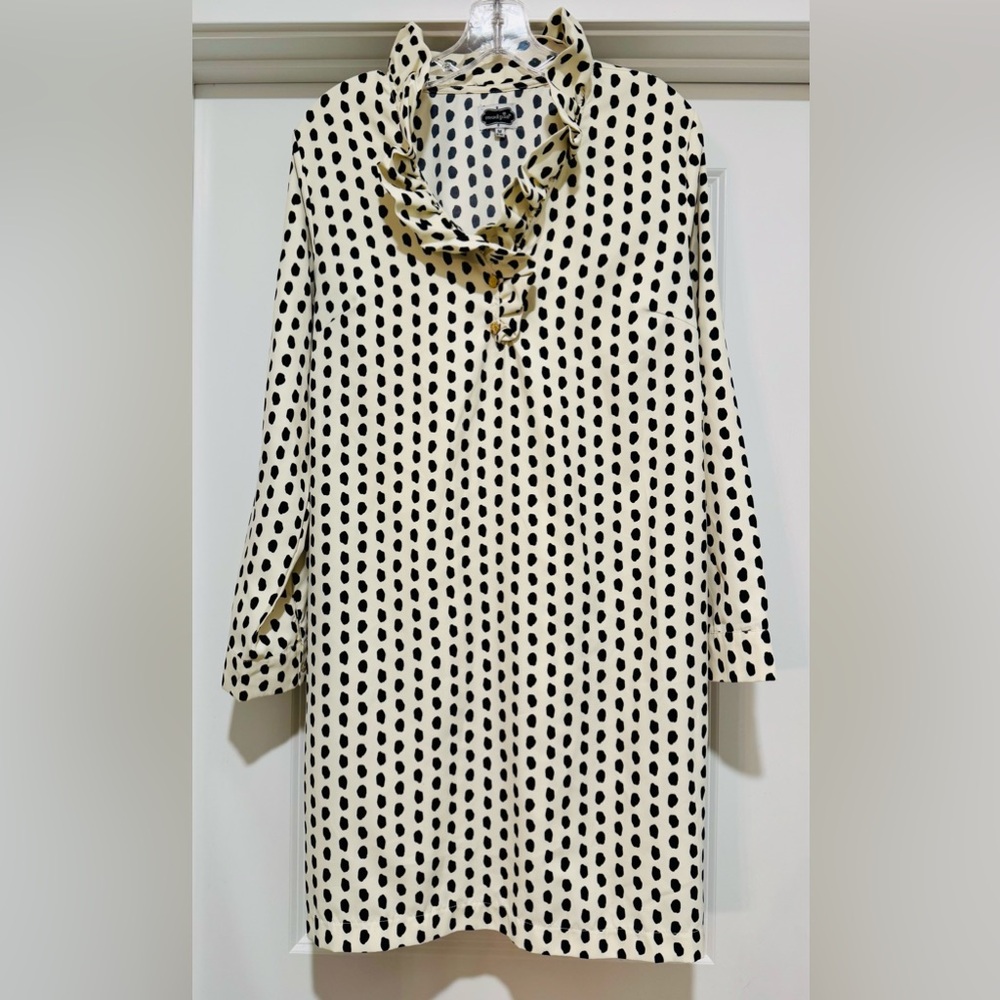 Mud Pie Preppy Women’s Black & Cream Polka Dot Ruffle Neck Dress Size M EUC - Picture 2 of 9